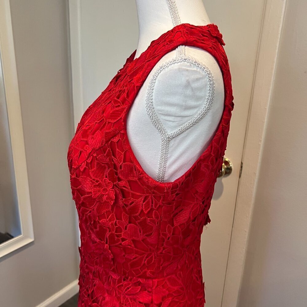 Betsy & Adam Red Crochet Lace Tulip Illusion Hem Cocktail Dress, Size 12 - Picture 8 of 16